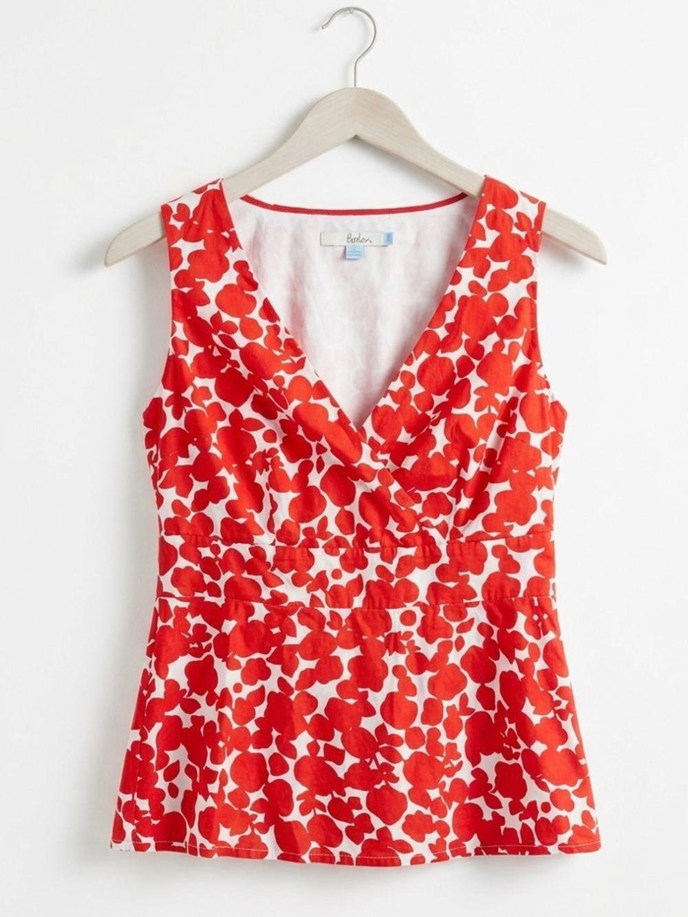 BODEN Red White Floral Sleeveless Faux Wrap Peplum Cotton Top Blouse 6